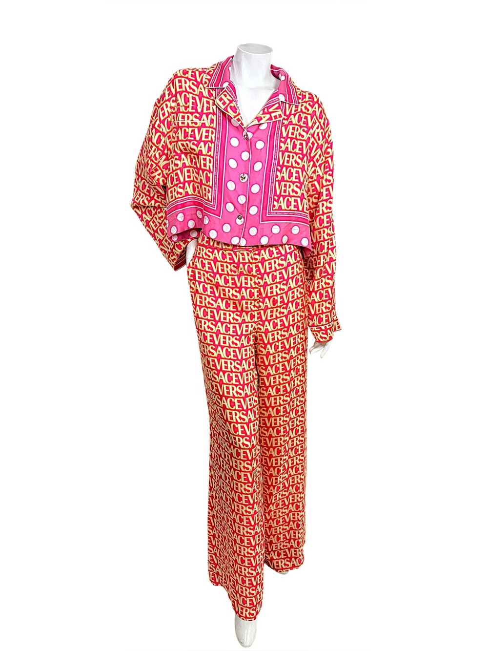 Versace x Dua Lipa 2023 Silk Logo Print Shirt & Wide Leg Pants Set